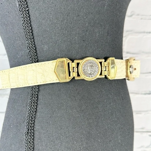 Vintage El General Genuine Caiman Skin Belt Cream Gold Metal Lion Western 40